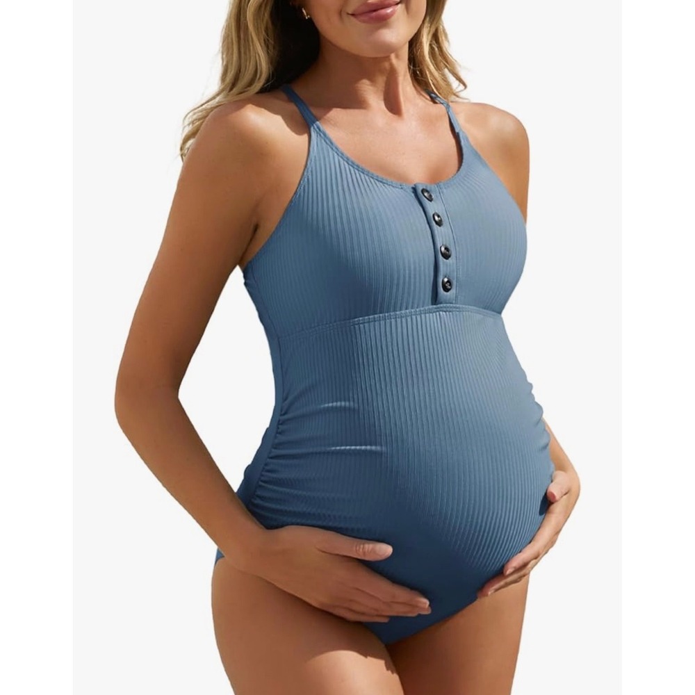 Summer Mae Maternity One Piece Swimsuit Ribbed Henley Blue Large NWT